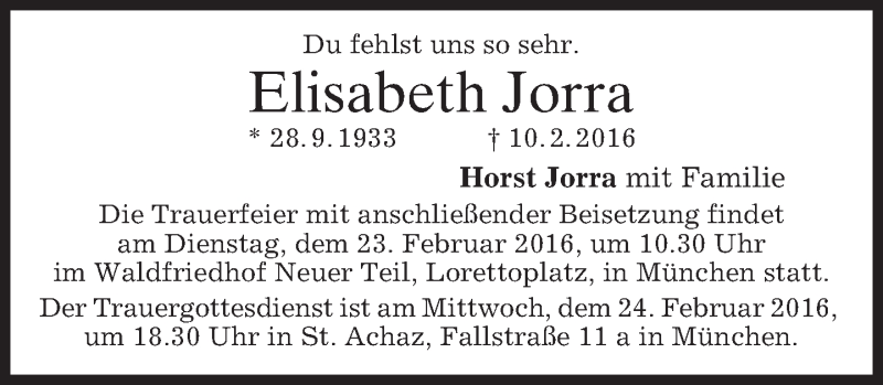 Traueranzeige für Elisabeth Jorra vom 20.02.2016 aus merkurtz