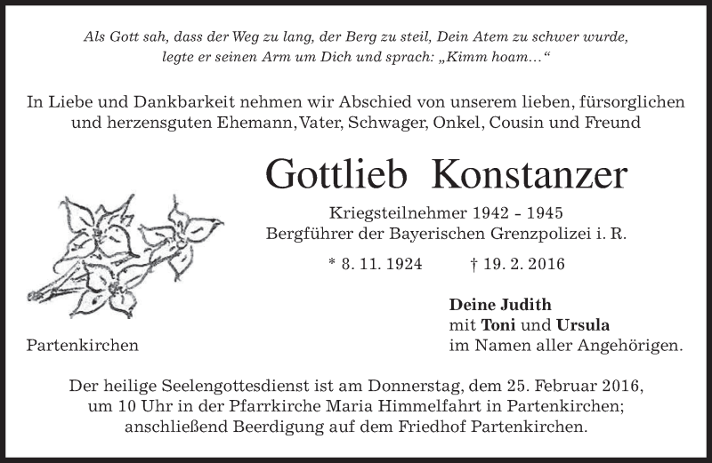  Traueranzeige für Gottlieb Konstanzer vom 23.02.2016 aus merkurtz