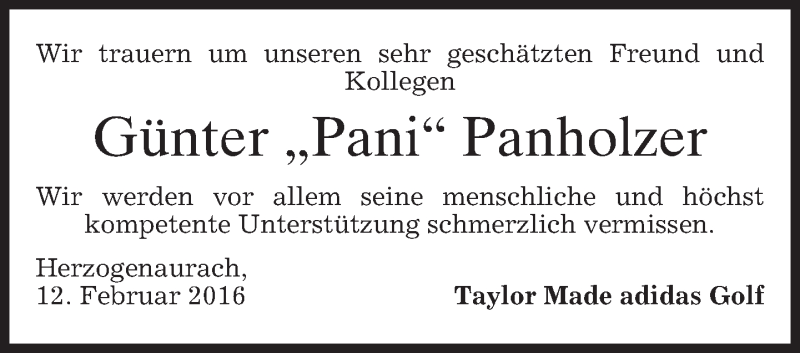  Traueranzeige für Günter Panholzer vom 12.02.2016 aus merkurtz
