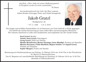 Traueranzeige von Jakob Gratzl von merkurtz