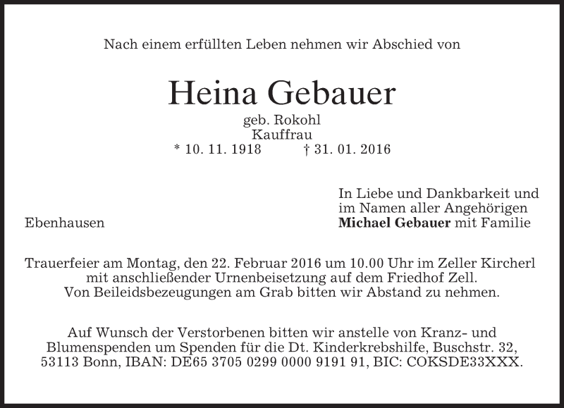  Traueranzeige für Heina Gebauer vom 19.02.2016 aus merkurtz