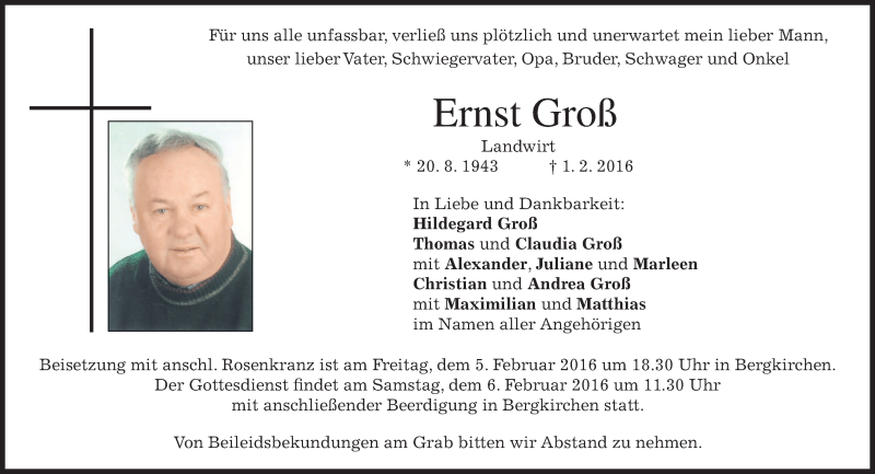  Traueranzeige für Ernst Groß vom 04.02.2016 aus 