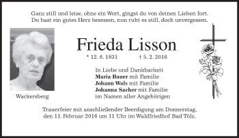 Traueranzeige von Frieda Lisson 