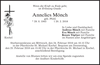 Traueranzeige von Annelies Mönch von merkurtz