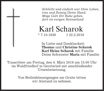 Traueranzeige von Karl Scharok von merkurtz