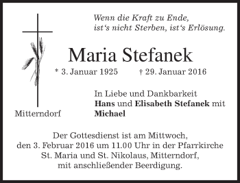 Traueranzeige von Maria Stefanek 