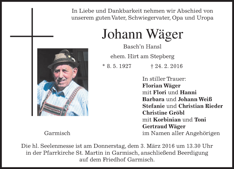  Traueranzeige für Johann Wäger vom 27.02.2016 aus merkurtz