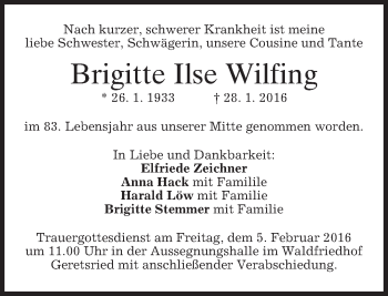 Traueranzeige von Brigitte Ilse Wilfing 
