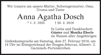 Traueranzeige von Anna Agatha Dosch von merkurtz
