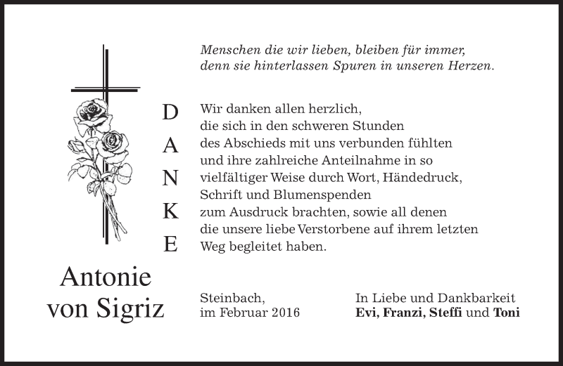  Traueranzeige für Antonie von Sigriz vom 24.02.2016 aus merkurtz
