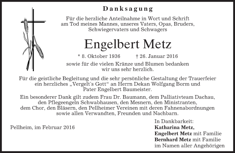  Traueranzeige für Engelbert Metz vom 13.02.2016 aus merkurtz