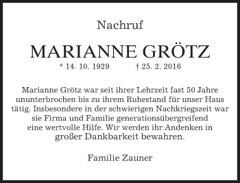 Traueranzeige von Marianne Grötz von merkurtz