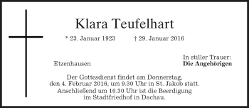 Traueranzeige von Klara Teufelhart 