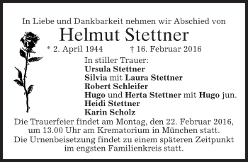 Traueranzeige von Helmut Stettner von merkurtz