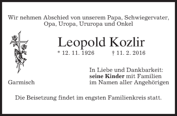 Traueranzeige von Leopold Kozlir von merkurtz