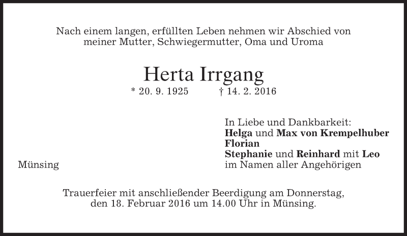  Traueranzeige für Herta Irrgang vom 16.02.2016 aus merkurtz