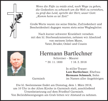 Traueranzeige von Hermann Bartlechner von merkurtz