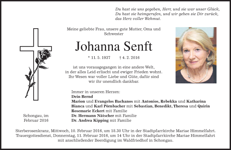  Traueranzeige für Johanna Senft vom 09.02.2016 aus 