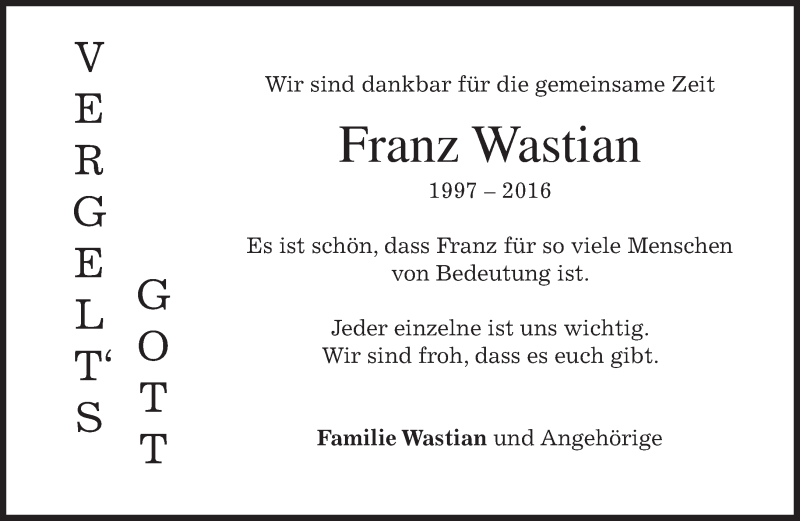  Traueranzeige für Franz Wastian vom 13.02.2016 aus merkurtz