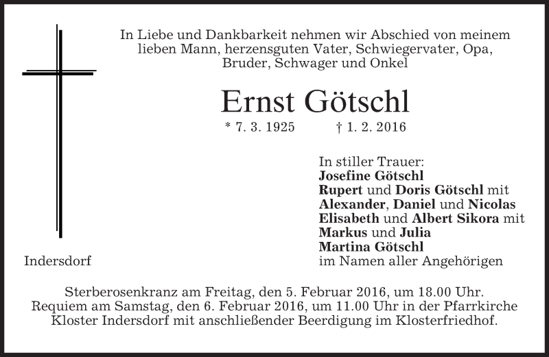  Traueranzeige für Ernst Götschl vom 03.02.2016 aus 