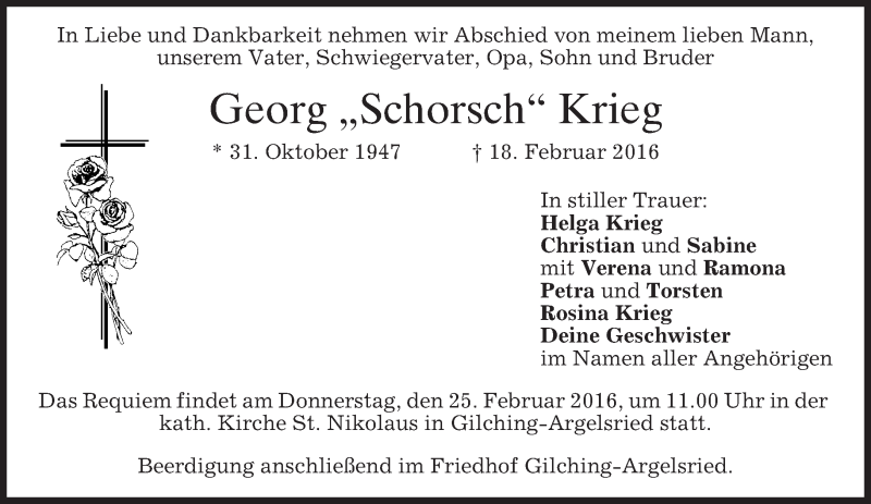  Traueranzeige für Georg Krieg vom 22.02.2016 aus merkurtz