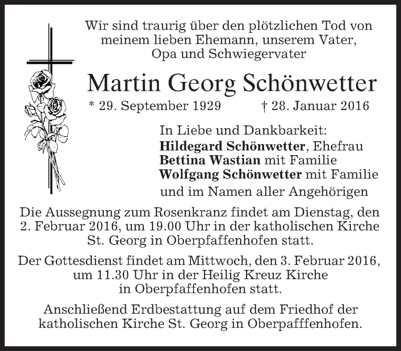  Traueranzeige für Martin Georg Schönwetter vom 02.02.2016 aus 