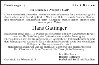 Traueranzeige von Hans Gattinger von merkurtz