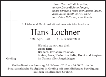 Traueranzeige von Hans Lochner von merkurtz