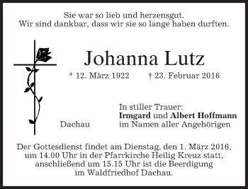 Traueranzeige von Johanna Lutz von merkurtz