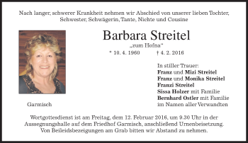 Traueranzeige von Barbara Streitel 