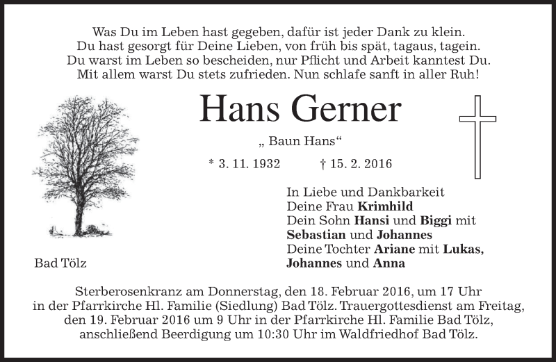  Traueranzeige für Hans Gerner vom 17.02.2016 aus merkurtz