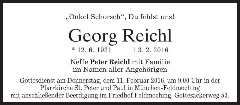  Traueranzeige für Georg Reichl vom 06.02.2016 aus 