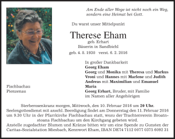 Traueranzeige von Therese Eham 