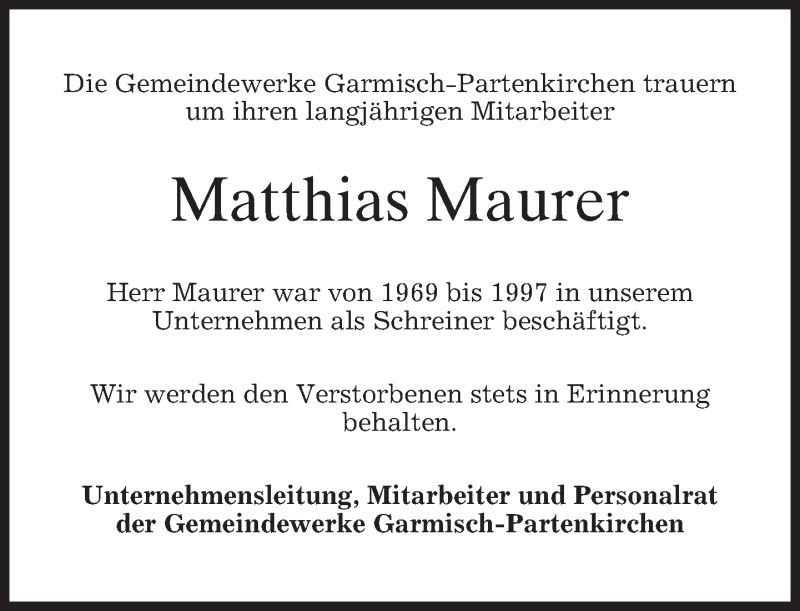  Traueranzeige für Matthias Maurer vom 23.02.2016 aus merkurtz