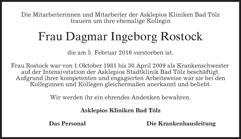  Traueranzeige für Dagmar Ingeborg Rostock vom 16.02.2016 aus merkurtz