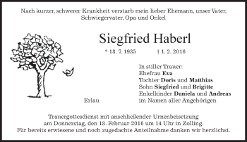 Traueranzeige von Siegfried Haberl von merkurtz