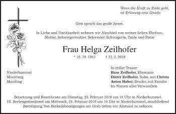Traueranzeige von Helga Zeilhofer von merkurtz