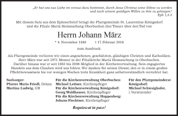 Traueranzeige von Johann März von merkurtz
