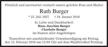 Traueranzeige von Ruth Burger 