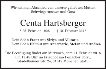 Traueranzeige von Centa Hartsberger von merkurtz