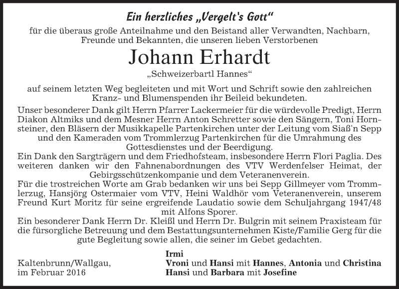  Traueranzeige für Johann Erhardt vom 27.02.2016 aus merkurtz