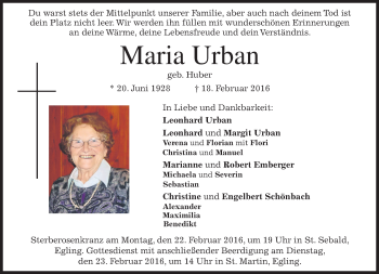 Traueranzeige von Maria Urban von merkurtz