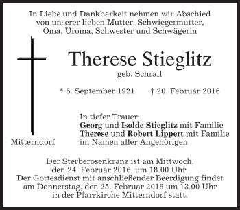 Traueranzeige von Therese Stieglitz von merkurtz
