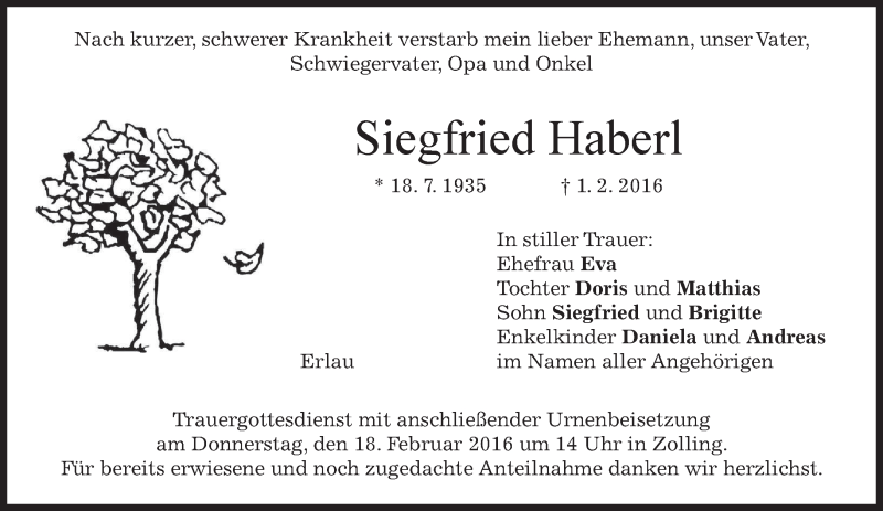  Traueranzeige für Siegfried Haberl vom 13.02.2016 aus merkurtz
