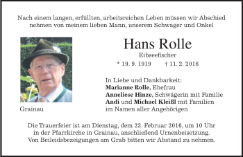 Traueranzeige von Hans Rolle von merkurtz