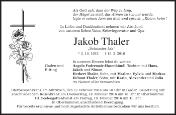 Traueranzeige von Jakob Thaler von merkurtz