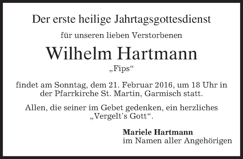  Traueranzeige für Wilhelm Hartmann vom 13.02.2016 aus merkurtz