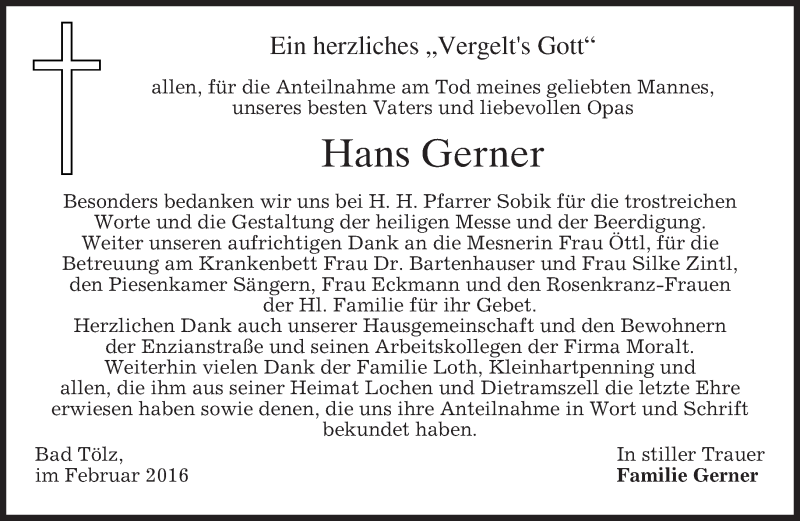  Traueranzeige für Hans Gerner vom 27.02.2016 aus merkurtz
