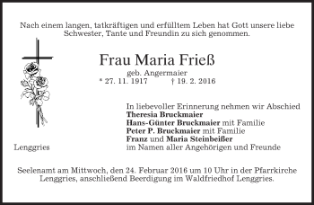 Traueranzeige von Maria Frieß von merkurtz
