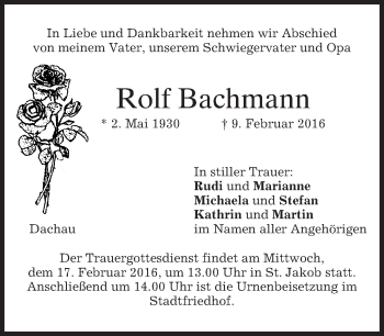 Traueranzeige von Rolf Bachmann von merkurtz